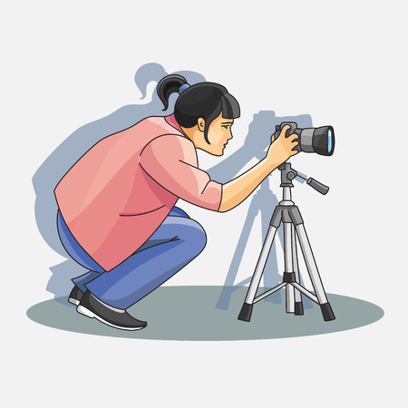 Young female photographer photographing with professional camerastanding. Vector illustration, EPS 10のイラスト素材