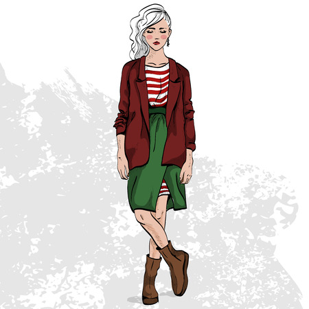 High fashion look color. Glamor stylish beautiful young woman model. Bright colorful cloth.のイラスト素材