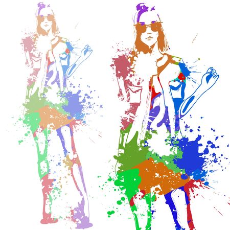 Portrait of trendy look girl. Vector hand  drawing by water color splashes. Fashion styleのイラスト素材