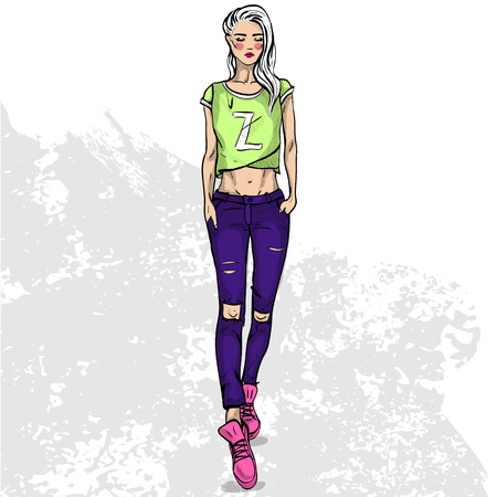 High trendy color look .Glamor stylish beautiful young woman model. Bright colorful cloth. Fashion styleのイラスト素材