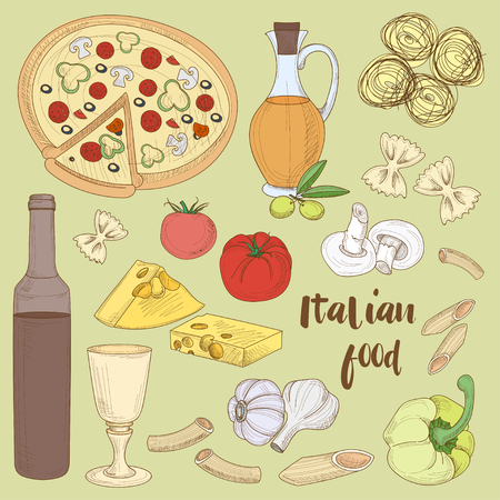 Hand drawn sketch Italian food set with olives pasta garlic spaghetti pizza. Vector illustrationのイラスト素材