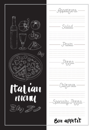 Italian food menu, restaurant food background with olives pasta garlic spaghetti pizza vector illustrationのイラスト素材
