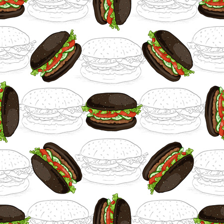 Hand drawn seamless pattern burger scetch in color.のイラスト素材