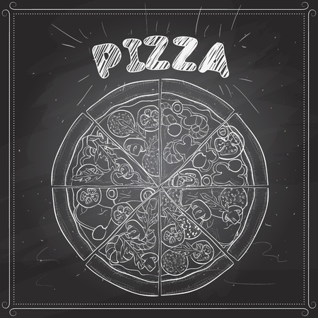 In the picture typical pizza with tomato, mozzarella, cheese and mushrooms on a black board.のイラスト素材