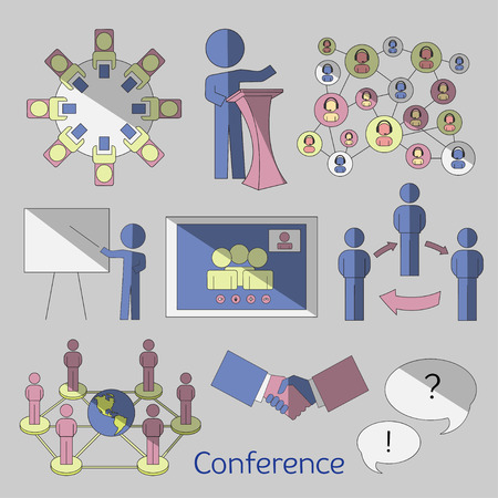 Conference icons set with business people workgroup communication isolated vector illustrationのイラスト素材
