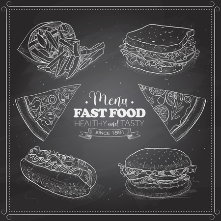 Sketch of fast food menu on a black board.のイラスト素材