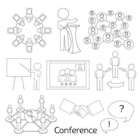 Conference icons set with business people workgroup communication isolated vector illustrationのイラスト素材