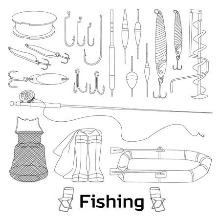Fishing set icons- fishing rod, hooks, bait, boat, fish, anchor, water, beard, chain, compass and other. Vector illustrationsのイラスト素材