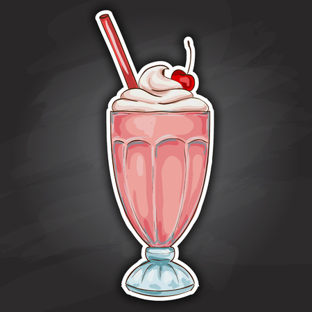 Cherry milk shake cocktail color picture sticker. Vector illustration.のイラスト素材