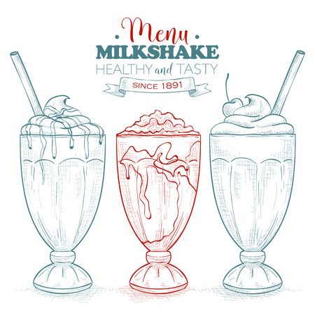 Scetch milkshake menu. Milkshakes sketch set. Fast food restaurant, food menu. Hand drawn dessert. Vector illustration.のイラスト素材