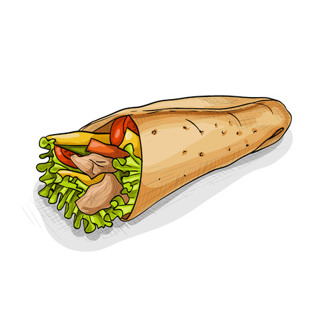 Mexican traditional food background with burrito. Hand drawn sketch vector illustration. Burrito color picture stickerのイラスト素材