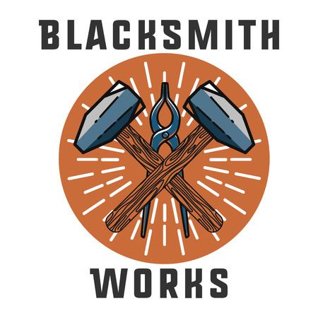 Color vintage Blacksmith emblem. Blacksmith theme- working craftsman hammers anvil chain horseshoe wheat and inscriptions isolated vector illustrationのイラスト素材