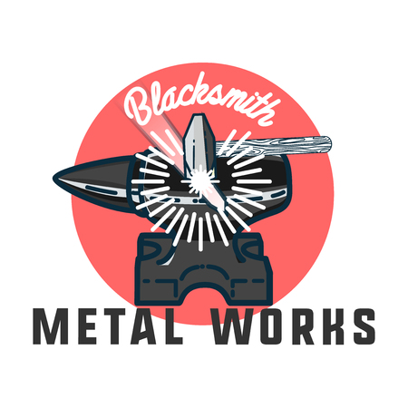 Color vintage Blacksmith emblem. Blacksmith theme- working craftsman hammers anvil chain horseshoe wheat and inscriptions isolated vector illustrationのイラスト素材