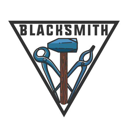 Color vintage Blacksmith emblem. Blacksmith theme- working craftsman hammers anvil chain horseshoe wheat and inscriptions isolated vector illustrationのイラスト素材