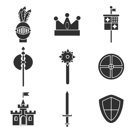 Knight symbols and elements vector set. Medieval kingdom legendary armored knight symbols warrior with lance and knight symbols attributes icons set abstract isolated vector.のイラスト素材