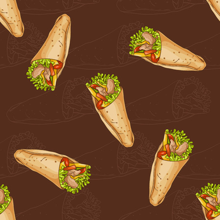 Seamless pattern scetch and color burrito on dark background. Tasty Mexican Burritoのイラスト素材