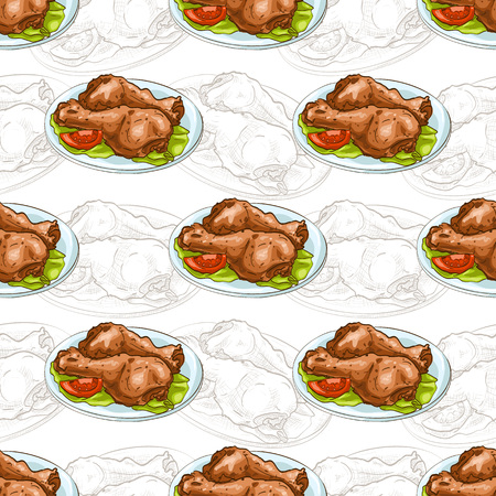 Seamless pattern chicken legs scetch and color.のイラスト素材
