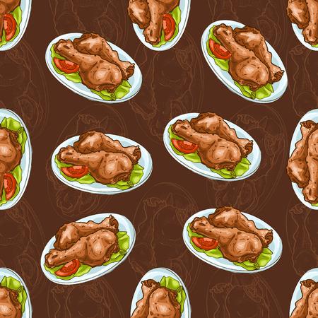 Seamless pattern chicken legs scetch on dark background.のイラスト素材