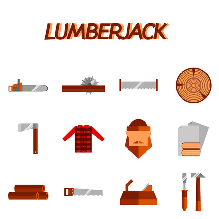Lumberjack woodcutter flat icons set of wood timber industry isolated vector illustrationのイラスト素材