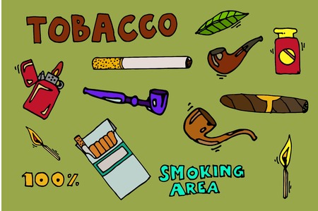 Smoking and tobacco icons vector. Cigarette tobacco, addiction smoking, cigar tobacco illustrationのイラスト素材