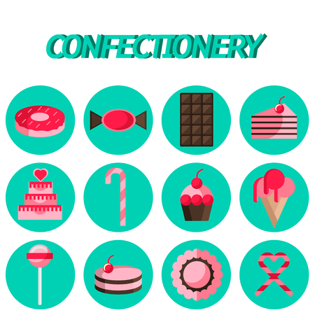 Cakes, Cake, Confectionery flat icon set . Infographics with food itemsのイラスト素材