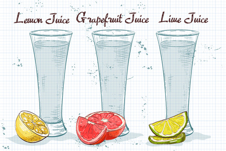 Set realistic transparent glasses of juices on a notebook page. Big set of colorful realistic illustration. Drinks with fruit halves.のイラスト素材
