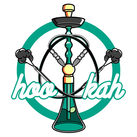 Color vintage hookah emblem for hookah lounge or shisha bar. Badge element, aroma leisure, vector illustrationのイラスト素材