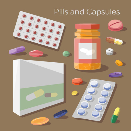 Pills and Capsules Icons Set. Medical vitamin pharmacy vector illustration.のイラスト素材