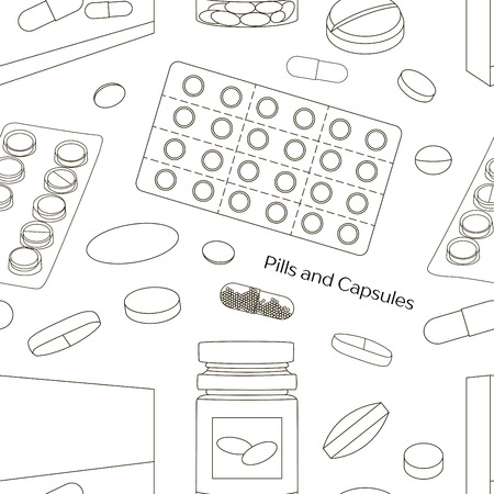 Pills and Capsules Icons Set pattern. Medical vitamin pharmacy vector illustration.のイラスト素材