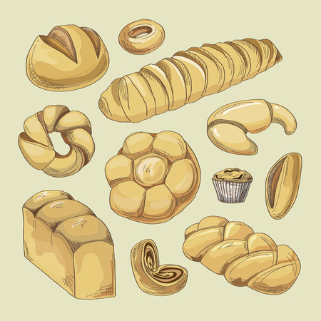 Bakery and pastry products icons set with various sorts of bread, sweet buns, cupcakes, dough and cakes for bakery shop or food designのイラスト素材