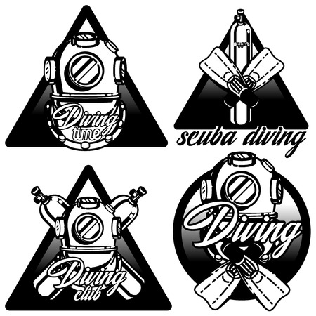 Diving labels set. Underwater swimming   emblems and designed elements. Sea dive, spearfishing, vector illustrationのイラスト素材