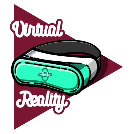 Color vintage Virtual Reality emblem on white background. Shop icon and slogan. Use for advertising, banners, web sites or t-shirt print. Isolated vector illustration.のイラスト素材