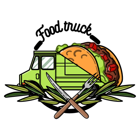 Color vintage Food truck emblem. Vector illustrationのイラスト素材
