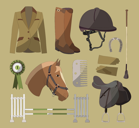 Set of different colorful equipment for horses. Equestrian objects. Isolated elements. Cute brown horse.のイラスト素材