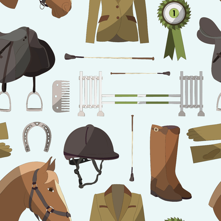 Pattern of different quipment for horses. Equestrian objects. Isolated elements. Cute brown horse.のイラスト素材