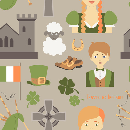 Travel to Ireland pattern. Vector illustration Sketchy Irish traditional food icons Republic of Ireland elements Flag Map Celtic Cross Knot Castle Leprechaun Shamrock Harp Pot of gold Travel icons.のイラスト素材