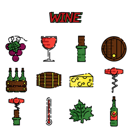 Set of colored flat design vector icons related to wine red wine glass, grapes, white white glass, barrel, wine bottle, mulled wine glass, corkscrew, cheese, thermometer. Isolated on whiteのイラスト素材