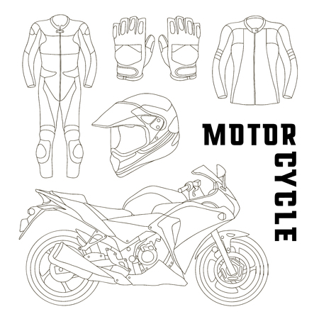 Vector set of motorcycle accessories. Design elements and icons isolated on white background. Sport bike, helmet, gloves, boots, jacket.のイラスト素材