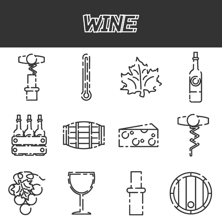 Set of colored flat design vector icons related to wine red wine glass, grapes, white white glass, barrel, wine bottle, mulled wine glass, corkscrew, cheese, thermometer. Isolated on whiteのイラスト素材