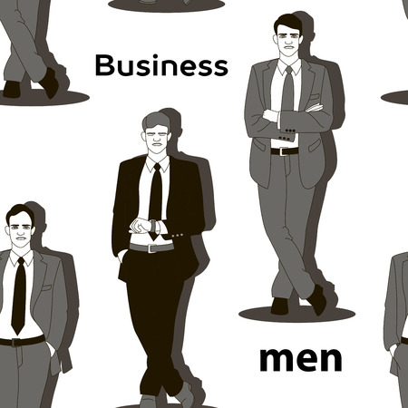 Pattern with business men in different poses isolated. Hands in pockets, looks at his watch and with hands crossedのイラスト素材
