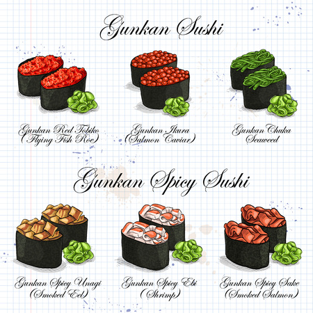 Sushi roll gunkans set japanese food, Vector set, color sketch on a notebook pageのイラスト素材