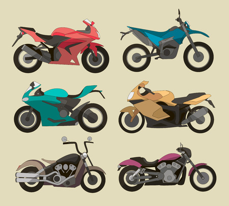 Motorcycle icons set in flat style. Vector illustrations of different type motorcycles.のイラスト素材