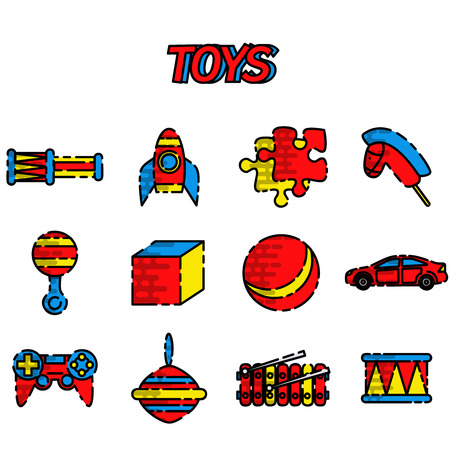 Toys flat icon set on white background, Vector illustrationのイラスト素材