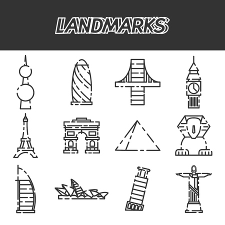 World landmarks icons decorative set with colosseum taj mahal pisa tower isolated vector illustrationのイラスト素材
