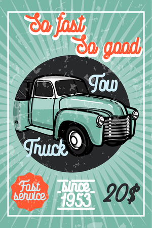 Color vintage car tow truck poster and design elementsのイラスト素材