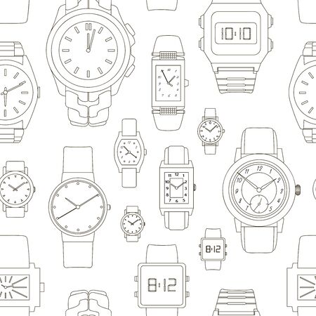 Pattern of watches in classic design. Vector illustration. Man gold watches isolated on white background.のイラスト素材