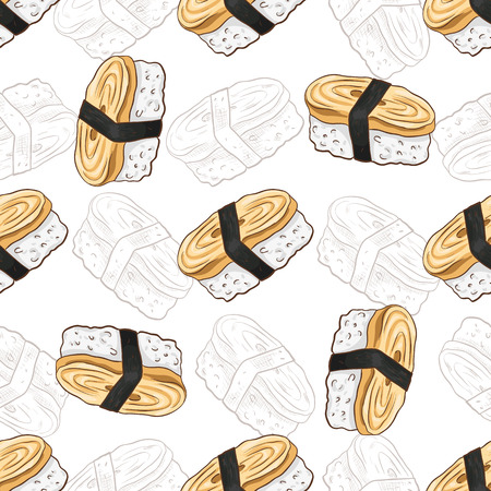 Vector seamless pattern Tamago Nigiri Sushi with wasabi, color and sketchのイラスト素材
