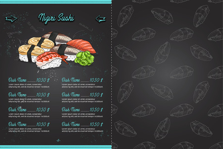 Color horisontal sushi menu design on blackboard, pages 6,7, nigiriのイラスト素材