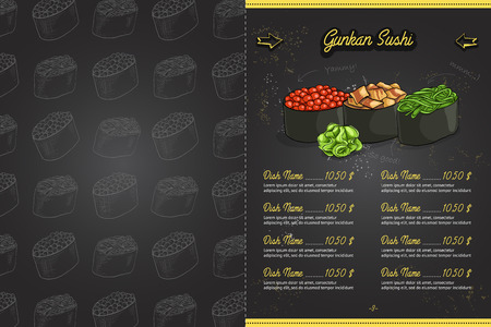 Color horisontal sushi menu design on blackboard, pages 2,3, gunkansのイラスト素材