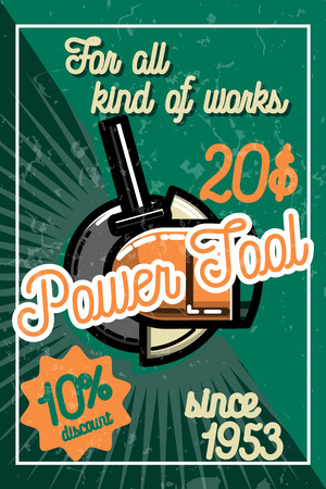 Color vintage power tools store poster. Electric hand tools for carpentry and home renovation. Construction power equipment.のイラスト素材